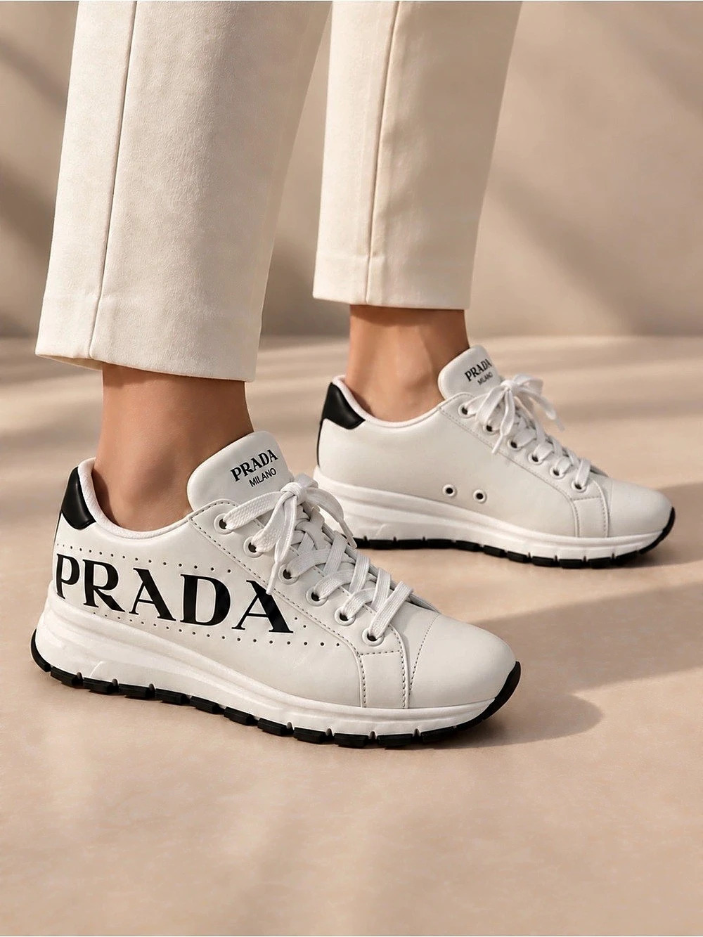Prada America's Cup Leather and Fabric Sneakers White & Black EU 38.5
